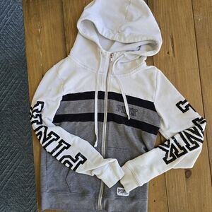 Victoria's Secret PINK Perfect Full Zip Hoodie - Colorblock white, grey, & black